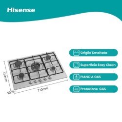 Hisense Hisense Piano Cottura a Gas 5 Fornelli 71 cm Acciaio Inox da Incasso con Bruciatore Wok